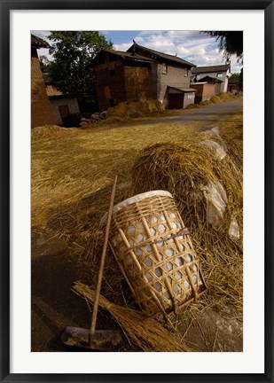 Framed Bai Minority Laying Wheat on the Road, Jianchuan County, Yunnan Province, China Print