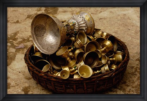 Framed Brass Yak Butter Tea Cups in Songzhanling Monastery, Zhongdian, Deqin Tibetan Autonomous Prefecture, Yunnan Province, China Print