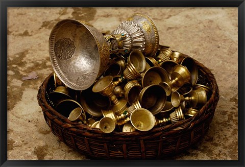 Framed Brass Yak Butter Tea Cups in Songzhanling Monastery, Zhongdian, Deqin Tibetan Autonomous Prefecture, Yunnan Province, China Print