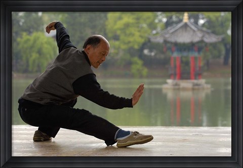 Framed Man Doing Tai Chi Exercises at Black Dragon Pool with One-Cent Pavilion, Lijiang, Yunnan Province, China Print
