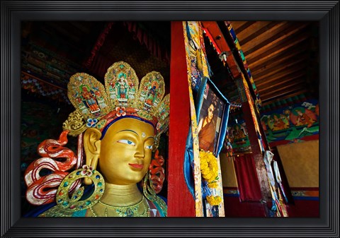 Framed Dalai Lama Picture Beside Maitreya Buddha, Thiksey Monastery, Thiksey, Ladakh, India Print