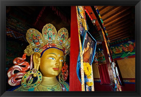 Framed Dalai Lama Picture Beside Maitreya Buddha, Thiksey Monastery, Thiksey, Ladakh, India Print