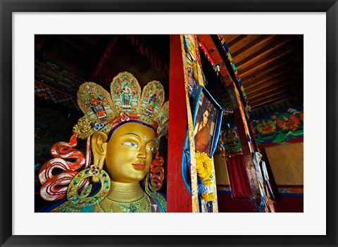 Framed Dalai Lama Picture Beside Maitreya Buddha, Thiksey Monastery, Thiksey, Ladakh, India Print