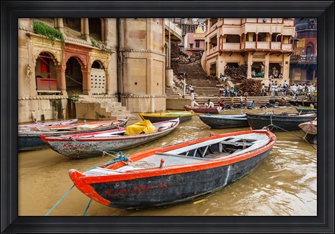 Framed Boats on River Ganges, Varanasi, India Print