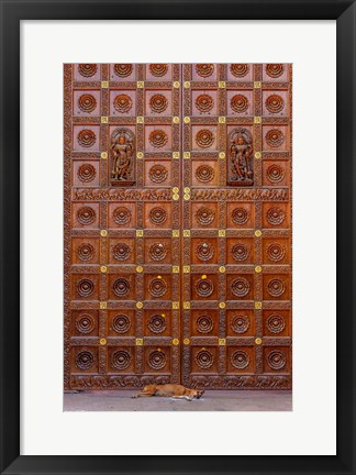 Framed Dog and Door at Temple in Sai Baba ashram, India Print