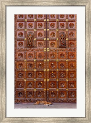 Framed Dog and Door at Temple in Sai Baba ashram, India Print