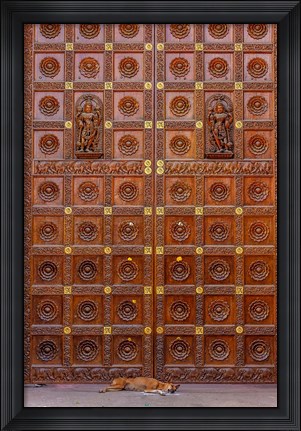 Framed Dog and Door at Temple in Sai Baba ashram, India Print