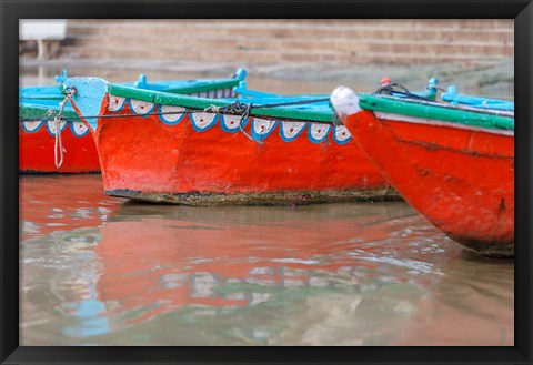 Framed Wooden Boats in Ganges river, Varanasi, India Print