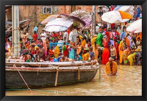 Framed Worshipping Pilgrims on Ganges River, Varanasi, India Print