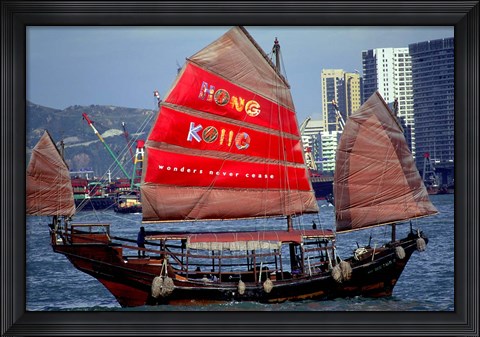 Framed Duk Ling Junk Boat Sails in Victoria Harbor, Hong Kong, China Print