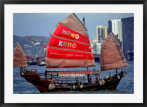 Framed Duk Ling Junk Boat Sails in Victoria Harbor, Hong Kong, China Print