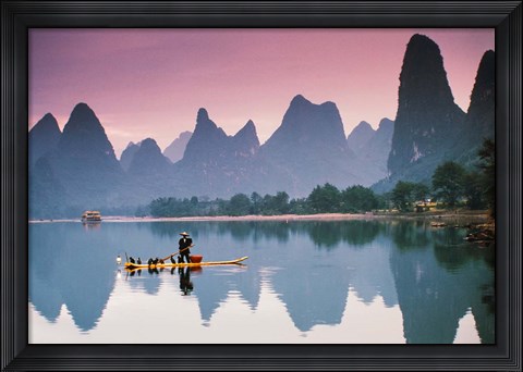 Framed Cormorant fishing at dusk, Li river, Guangxi, China Print