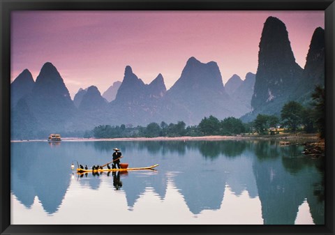 Framed Cormorant fishing at dusk, Li river, Guangxi, China Print