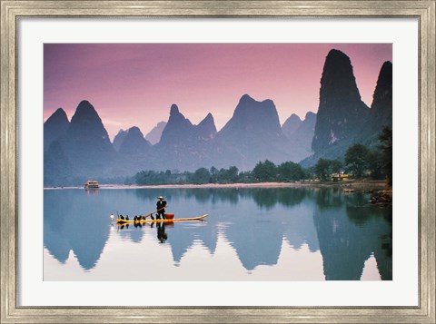 Framed Cormorant fishing at dusk, Li river, Guangxi, China Print