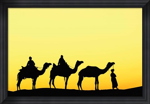 Framed Camels and driver at sunset, Thar Desert, Jodhpur, India Print