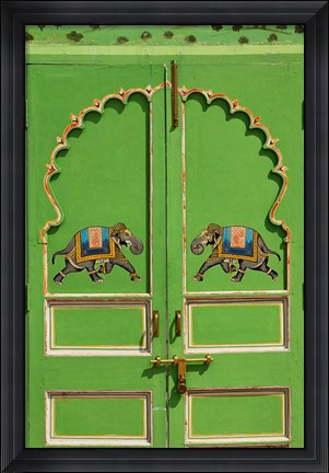 Framed Elephants painted on green door, City Palace, Udaipur, India Print