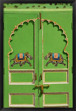 Framed Elephants painted on green door, City Palace, Udaipur, India Print