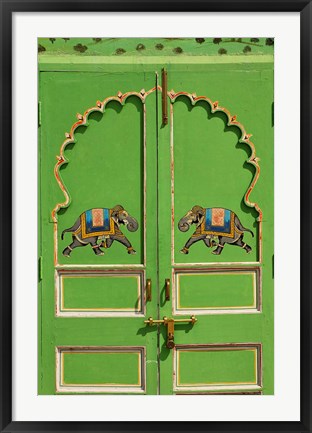 Framed Elephants painted on green door, City Palace, Udaipur, India Print