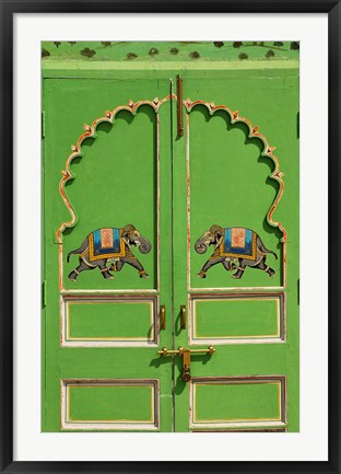 Framed Elephants painted on green door, City Palace, Udaipur, India Print