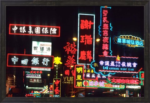 Framed Neon Lights on Nathan Road, Hong Kong, China Print