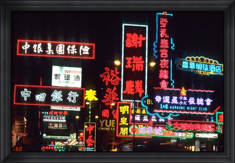 Framed Neon Lights on Nathan Road, Hong Kong, China Print