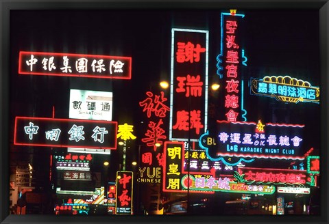 Framed Neon Lights on Nathan Road, Hong Kong, China Print