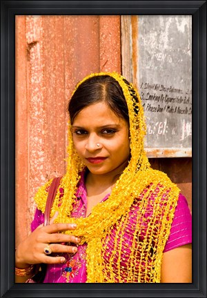 Framed Woman in Colorful Sari in Old Delhi, India Print