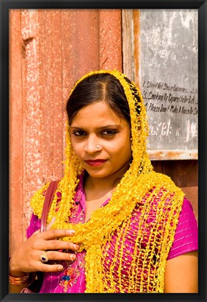 Framed Woman in Colorful Sari in Old Delhi, India Print