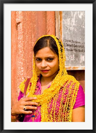 Framed Woman in Colorful Sari in Old Delhi, India Print