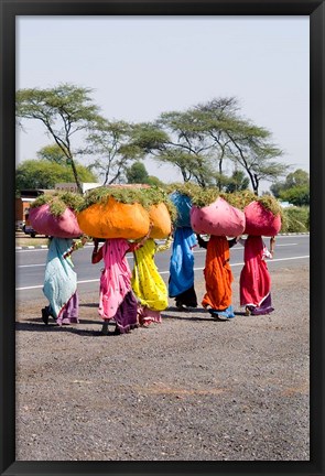 Framed Women Carrying Loads on Road to Jodhpur, Rajasthan, India Print