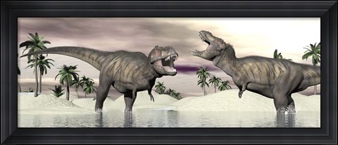 Framed Two Tyrannosaurus rex dinosaurs fighting in the water Print