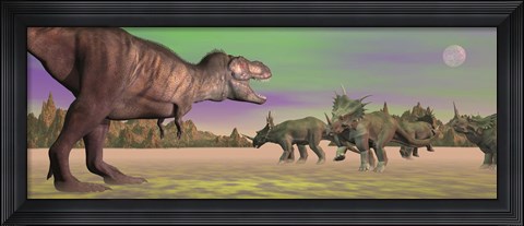 Framed Tyrannosaurus attacking Styracosaurus dinosaurs Print