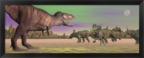 Framed Tyrannosaurus attacking Styracosaurus dinosaurs Print