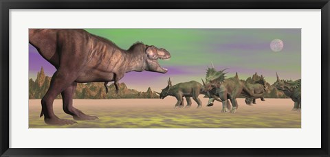 Framed Tyrannosaurus attacking Styracosaurus dinosaurs Print