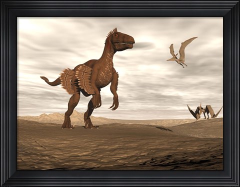 Framed Velociraptor dinosaur in desert landscape with two pteranodon birds Print