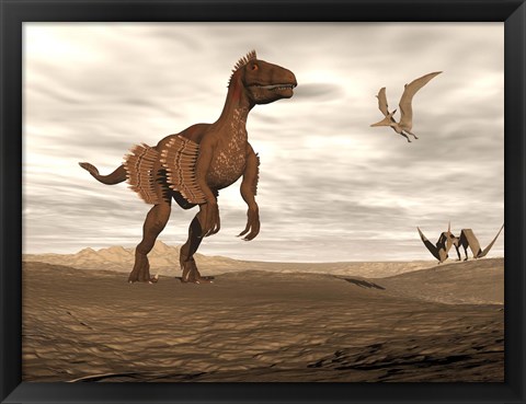 Framed Velociraptor dinosaur in desert landscape with two pteranodon birds Print