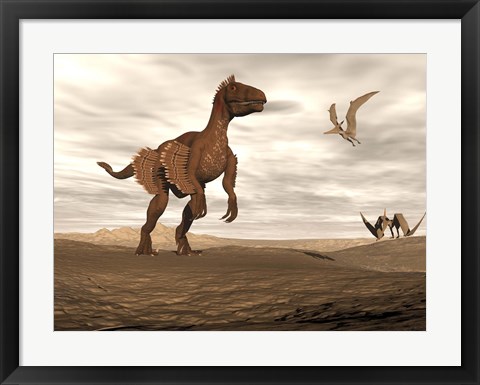 Framed Velociraptor dinosaur in desert landscape with two pteranodon birds Print