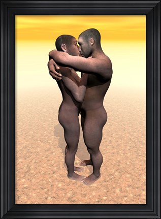 Framed Male and female Homo erectus hugging in the desert Print