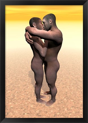 Framed Male and female Homo erectus hugging in the desert Print