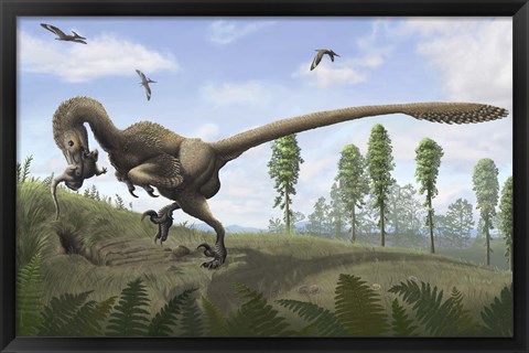 Framed Saurornitholestes seeks prey in burrows Print