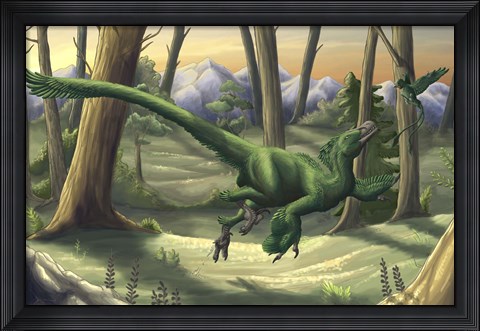 Framed bright green Velociraptor runs through a prehistoric forest Print