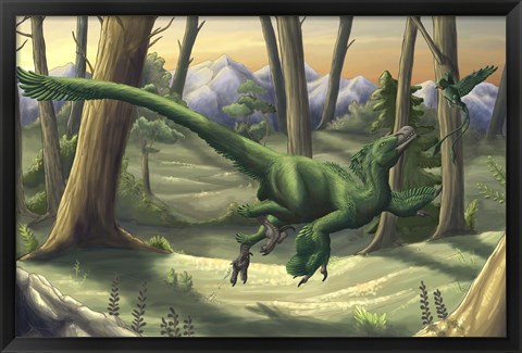 Framed bright green Velociraptor runs through a prehistoric forest Print