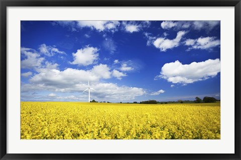 Framed Wind turbine in a canola field against cloudy sky, Denmark Print