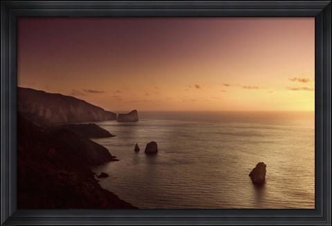 Framed Aerial view of sea and mountains at sunset, Nebida, Sardinia, Italy Print