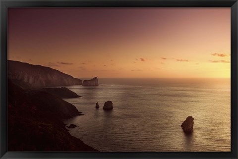 Framed Aerial view of sea and mountains at sunset, Nebida, Sardinia, Italy Print