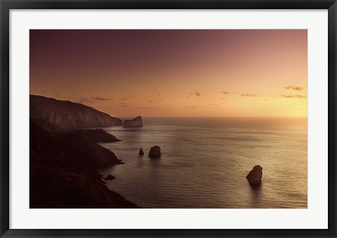 Framed Aerial view of sea and mountains at sunset, Nebida, Sardinia, Italy Print