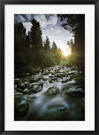 Framed Small river flowing over large stones at sunset, Pirin National Park, Bulgaria Print