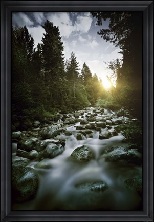 Framed Small river flowing over large stones at sunset, Pirin National Park, Bulgaria Print