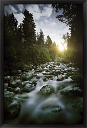 Framed Small river flowing over large stones at sunset, Pirin National Park, Bulgaria Print