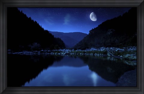 Framed Moon rising over tranquil lake and forest against starry sky, Bulgaria Print